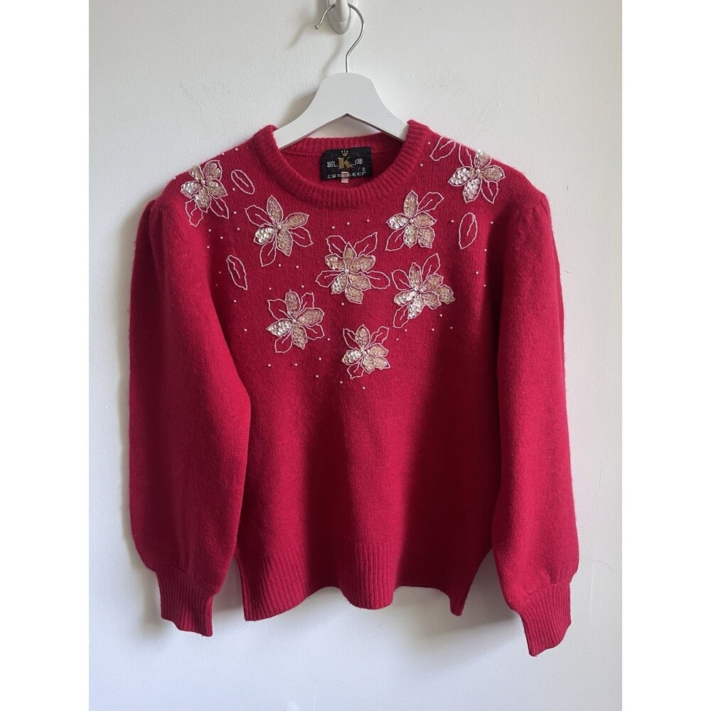 vintage ladies Heirloom red beaded & embroidered sweater sz L Puff Ballon Sleeve